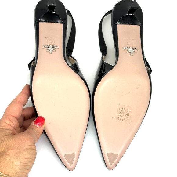 PRADA Triangle Logo Bow Pointed Toe Kitten Heel Slingback Pumps Sandals - Picture 15 of 16